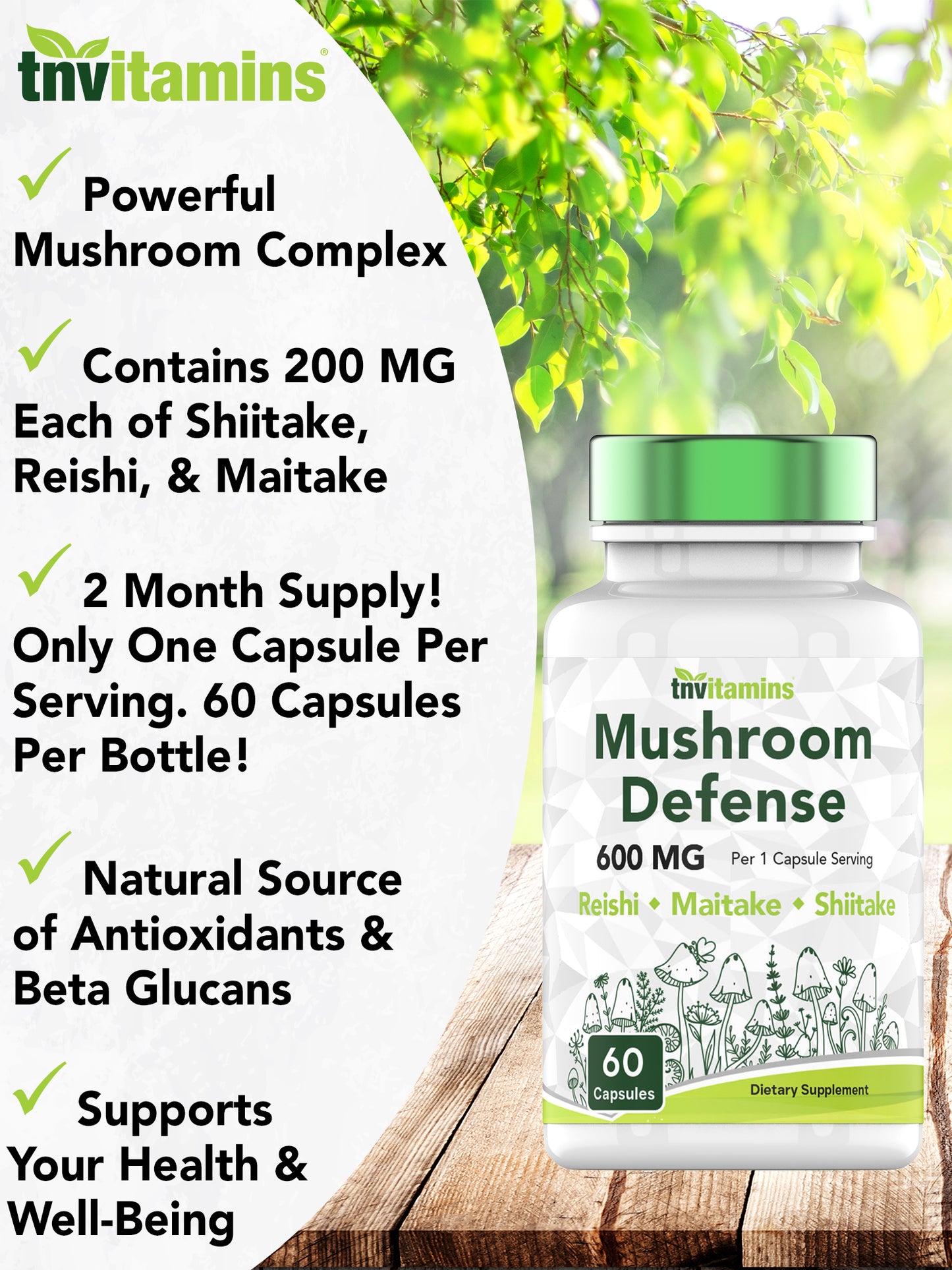 Reishi, Maitake, & Shiitake Mushroom Complex Supplement (60 Capsules x 600 MG) | Mushroom Defense Supplement | Natural Mushroom Powder Extract for The Immune System*