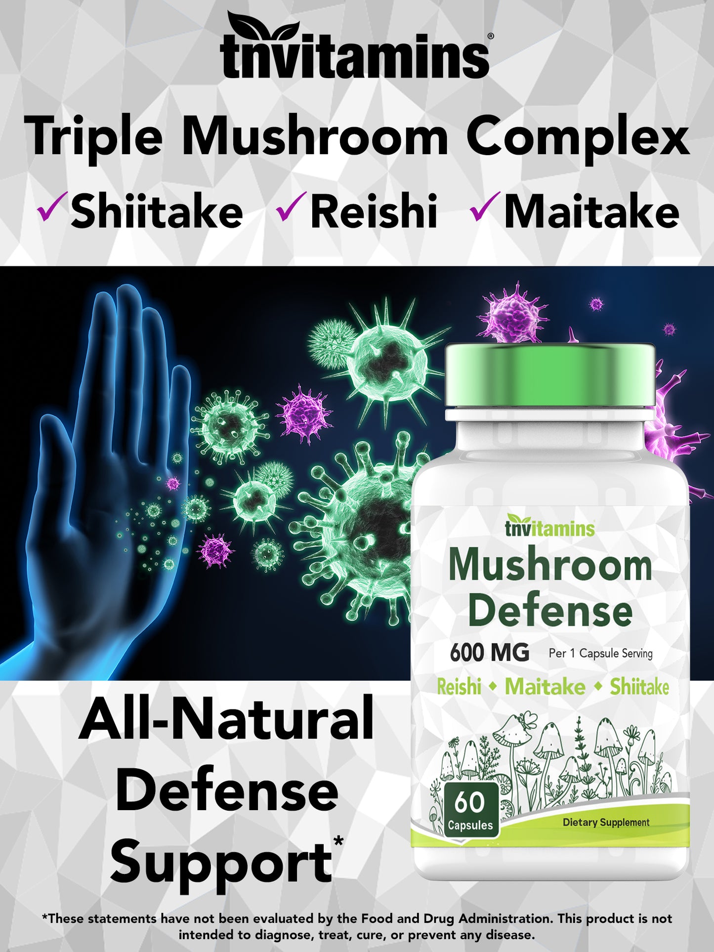 Reishi, Maitake, & Shiitake Mushroom Complex Supplement (60 Capsules -  600 MG) | Mushroom Defense Supplement | Natural Mushroom Powder Extract for The Immune System*