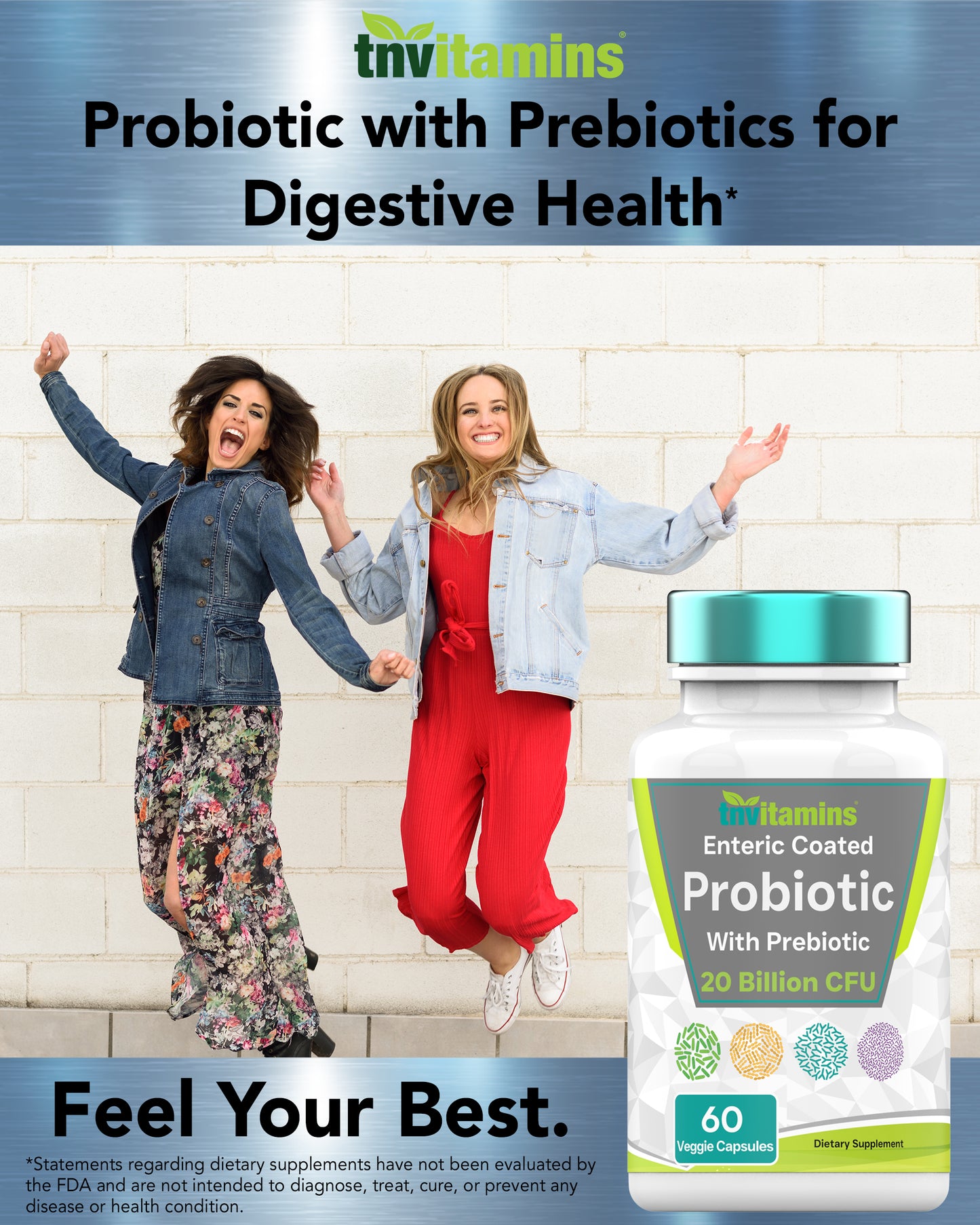 Probiotics for Women & Men with Prebiotics for Digestive Health with Acidophilus | 60 Enteric Coated Vegetarian Capsules | 20 Billion CFUs - 8 Strains | by TNVitamins