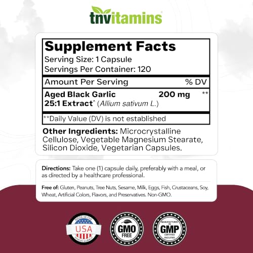 TNVitamins Aged Black Garlic Extract 25:1, 120 Vegetarian Capsules | Fermented Black Garlic | Odorless Formula | Cardiovascular & Antioxidant Support*