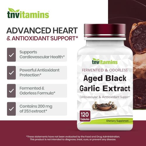 TNVitamins Aged Black Garlic Extract 25:1, 120 Vegetarian Capsules | Fermented Black Garlic | Odorless Formula | Cardiovascular & Antioxidant Support*