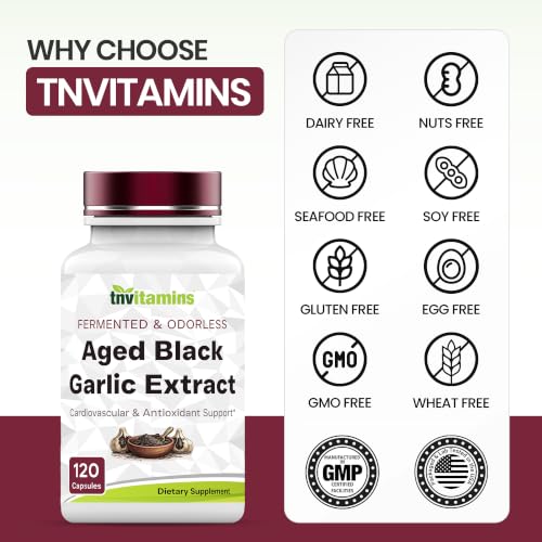 TNVitamins Aged Black Garlic Extract 25:1, 120 Vegetarian Capsules | Fermented Black Garlic | Odorless Formula | Cardiovascular & Antioxidant Support*