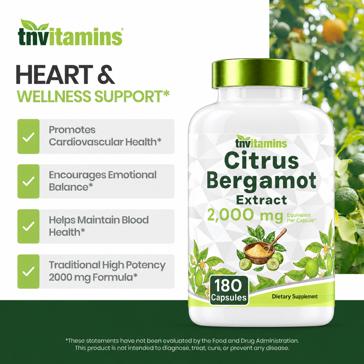 tnvitamins Citrus Bergamot 2000mg - 180 Capsules | Ultra Potent Citrus Bergamot Supplement 2000 mg Per 1 Capsule Serving | 6 Month Supply! | Non-GMO | Made in The USA!