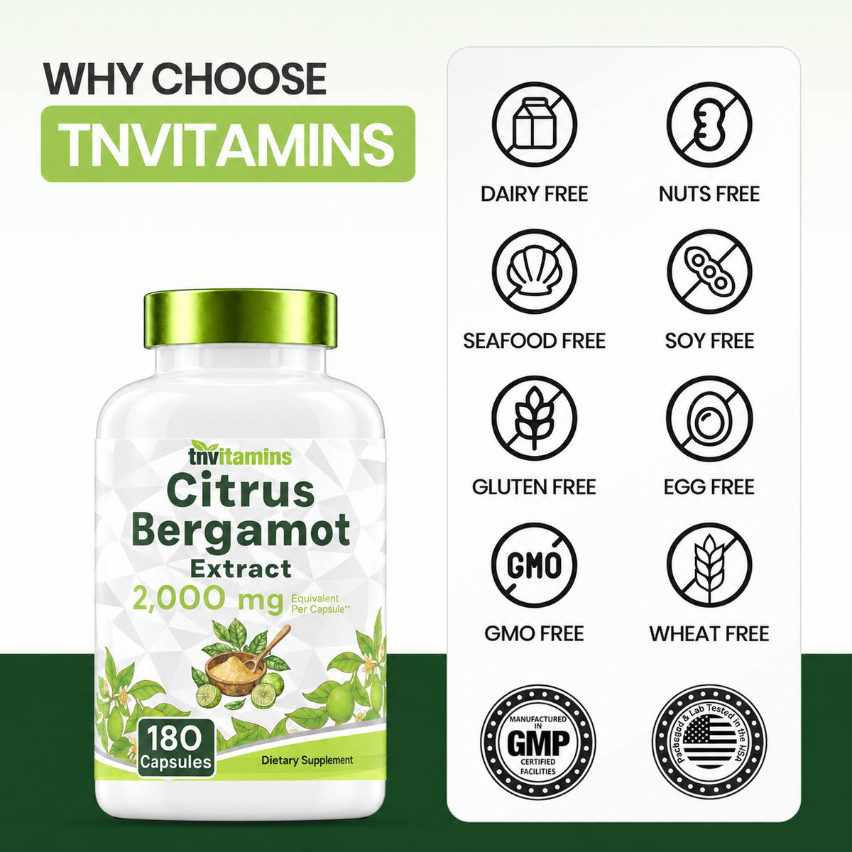 tnvitamins Citrus Bergamot 2000mg - 180 Capsules | Ultra Potent Citrus Bergamot Supplement 2000 mg Per 1 Capsule Serving | 6 Month Supply! | Non-GMO | Made in The USA!