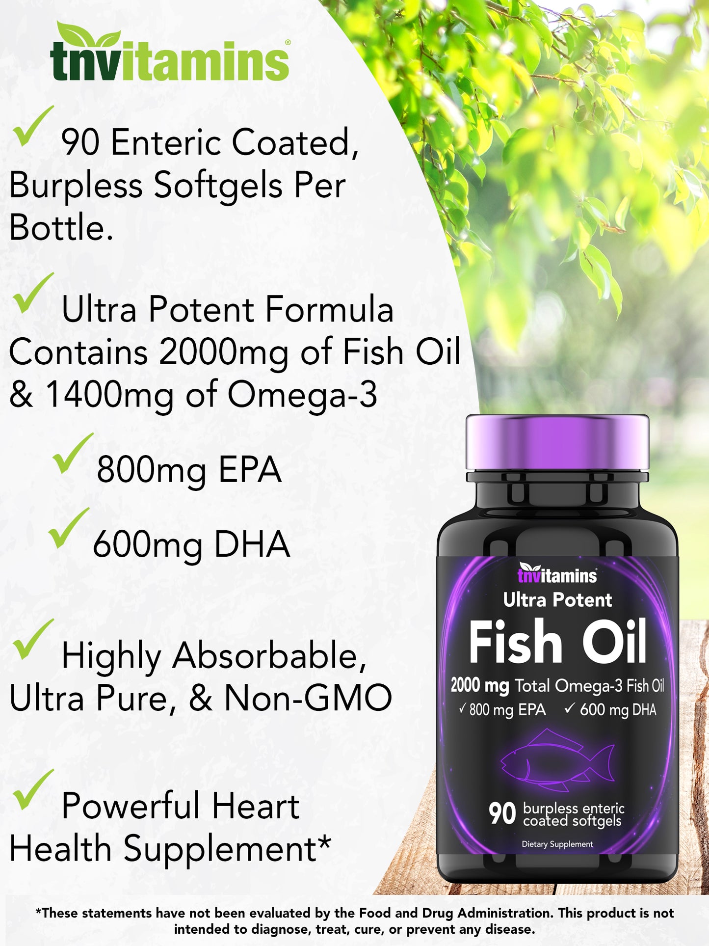 Burpless Omega-3 Fish Oil: 2000mg x 90 Softgels | 1400mg Total Omega-3 Fatty Acids (800mg EPA & 600mg DHA) | Enteric Coated Burpless Ultra Potent Fish Oil | Supports Heart Health* | by TNVitamins