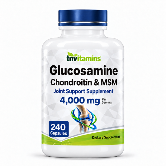 tnvitamins Glucosamine Chondroitin MSM Capsules, 240 Count | 4,000 mg Per Serving | 2,000 mg Glucosamine Sulfate 2KCl + MSM & Chondroitin | Joint Support Supplement