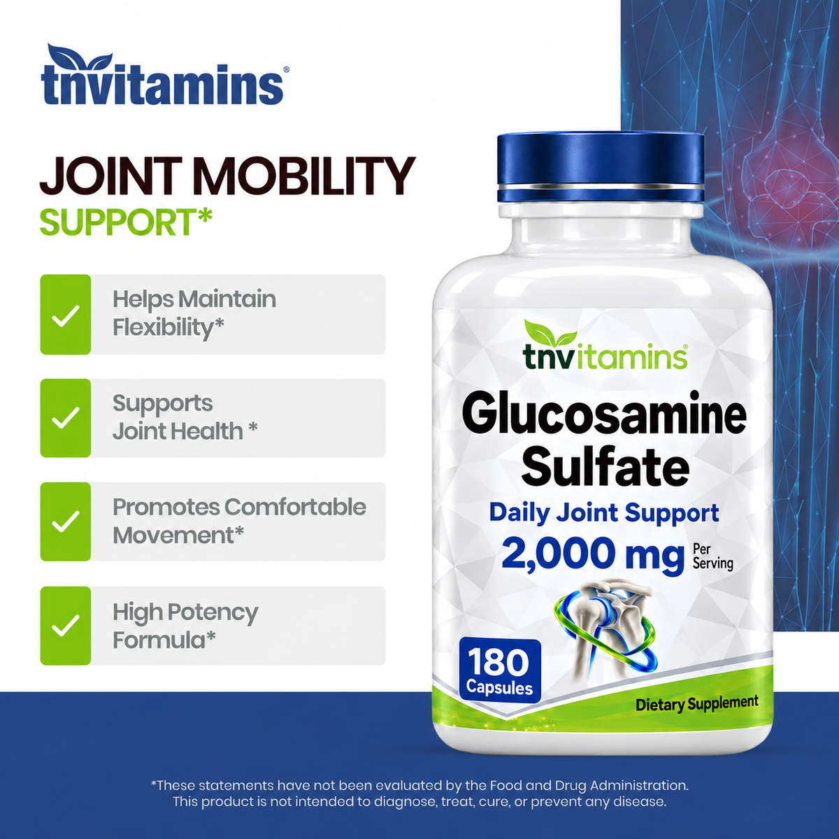 Glucosamine Sulfate Capsules 2000 MG (180 Count) | Joint Support* Supplement for Women & Men | Produced in The USA | Promotes Flexibility & Mobility* | by TNVitamins