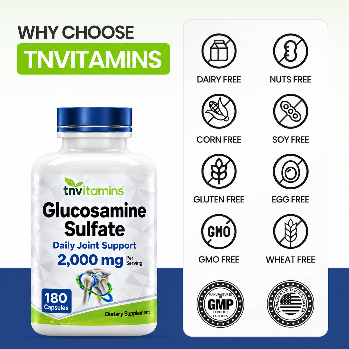 Glucosamine Sulfate Capsules 2000 MG (180 Count) | Joint Support* Supplement for Women & Men | Produced in The USA | Promotes Flexibility & Mobility* | by TNVitamins