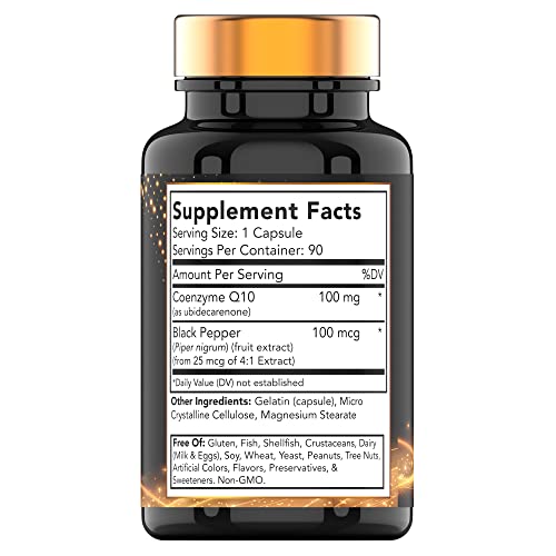 tnvitamins CoQ-10 100mg - 90 Capsules with Black Pepper Extract | Maximum Absorption Rapid Release Capsules | Coenzyme Q-10 Supplement | Powerful Free Radical Fighting Antioxidant