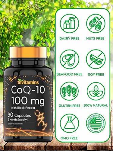 tnvitamins CoQ-10 100mg - 90 Capsules with Black Pepper Extract | Maximum Absorption Rapid Release Capsules | Coenzyme Q-10 Supplement | Powerful Free Radical Fighting Antioxidant