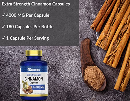 Cinnamon Capsules 4000 MG - 180 Capsules | Ceylon Cinnamon & Cassia Cinnamon Pills | Blood Sugar Support Supplement* | Extra Strength Cinnamon Bark Extract | Cinnamon Complex | by TNVitamins