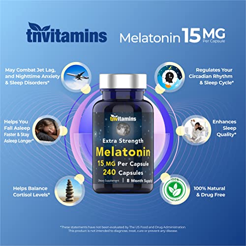 tnvitamins Melatonin 15 MG Per Capsule (240 Capsules) | All-Natural Sleeping Pills for Adults | Extra Strength Melatonin | Nighttime Sleep Aid | Natural Sleep Support Supplement