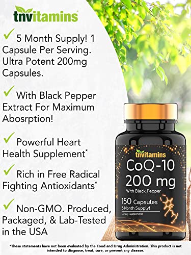 tnvitamins Ultra Potent CoQ-10 200 MG - 150 Capsules with Black Pepper Extract | 5 Month Supply! | Powerful Free Radical Fighting Antioxidant | Max Absorption Rapid Release Capsules | Coenzyme Q-10