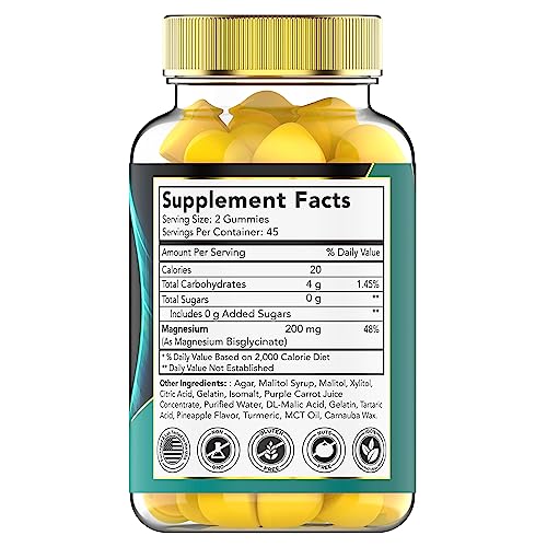 Sugar-Free Magnesium Glycinate Gummies: 200mg - 90 Pineapple Flavored Gummies | Magnesium Bisglycinate | Calm, Sleep, Muscle, Nerve Support