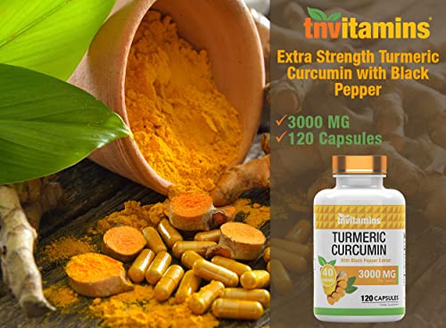 Turmeric Curcumin Capsules with Black Pepper | 3000 MG - 120 Capsules | Extra Strength Golden Turmeric Curcumin Supplement | Non-GMO | Produced in The USA | TNVitamins