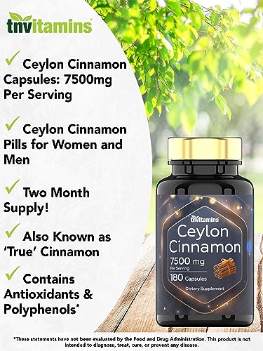 tnvitamins Ceylon Cinnamon Capsules 7500mg Per Serving - 180 Capsules | High Potency Ceylon Cinnamon Powder Pills for Women & Men