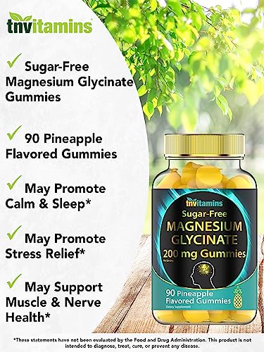 Sugar-Free Magnesium Glycinate Gummies: 200mg - 90 Pineapple Flavored Gummies | Magnesium Bisglycinate | Calm, Sleep, Muscle, Nerve Support
