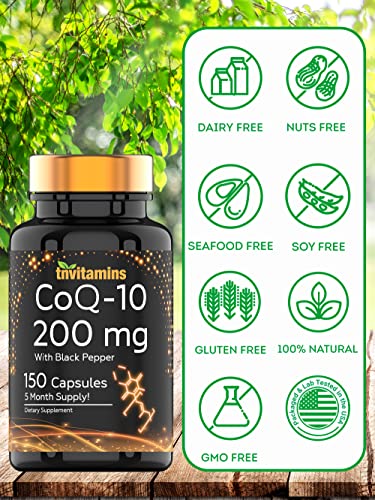 tnvitamins Ultra Potent CoQ-10 200 MG - 150 Capsules with Black Pepper Extract | 5 Month Supply! | Powerful Free Radical Fighting Antioxidant | Max Absorption Rapid Release Capsules | Coenzyme Q-10