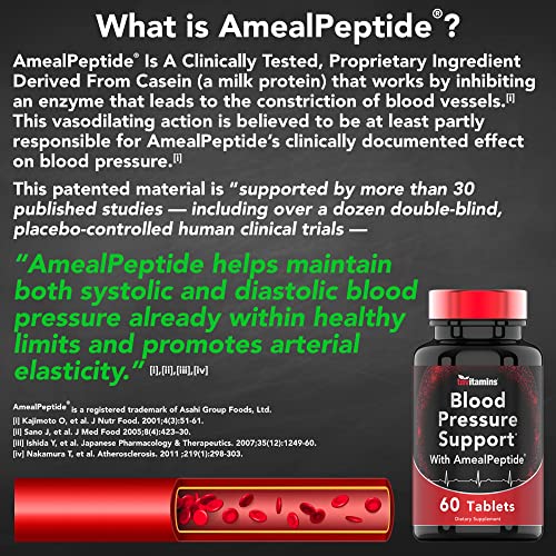 tnvitamins Blood Pressure Support with AmealPeptide® (60 Tablets) | Helps Maintain Both Systolic & Diastolic Blood Pressure Already Within Healthy Limits & Promotes Arterial Elasticity