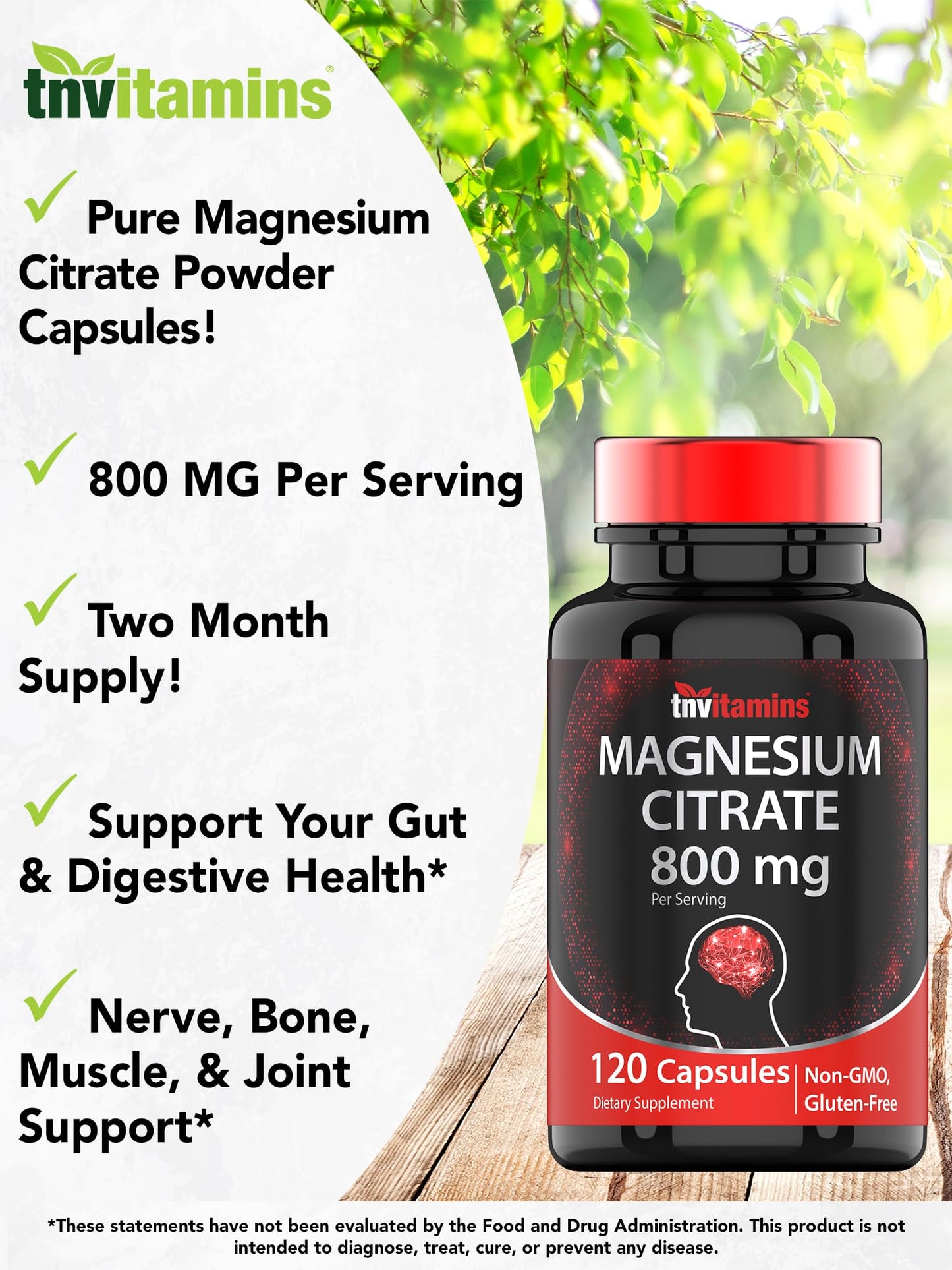 TNVitamins Magnesium Citrate 800 MG - 120 Capsules | Two Month Supply! | Pure Magnesium Citrate Powder Capsules | Citrato De Magnesio | Non-GMO | Produced in The USA!