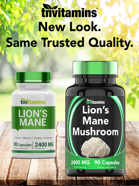 tnvitamins Lion's Mane Mushroom Supplement (2400 MG - 90 Capsules) | Nootropic Brain Support Supplement & Booster | Lion's Mane Mushroom Powder Extract | Focus, Memory, Energy, & Immunity
